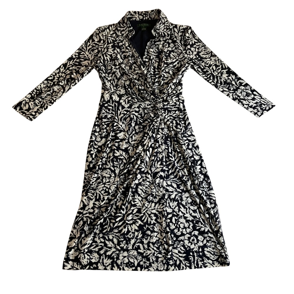 Lauren Ralph Lauren Faux Wrap Dress Womens 2 Navy White Floral Long Sleeve